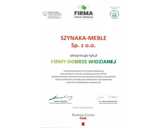 Szynaka Meble wyróżniona tytułem Firma Dobrze Widziana